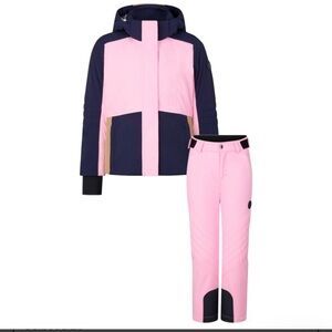 Color block pink and navy girls hooded ski jacket and pants set with suspenders